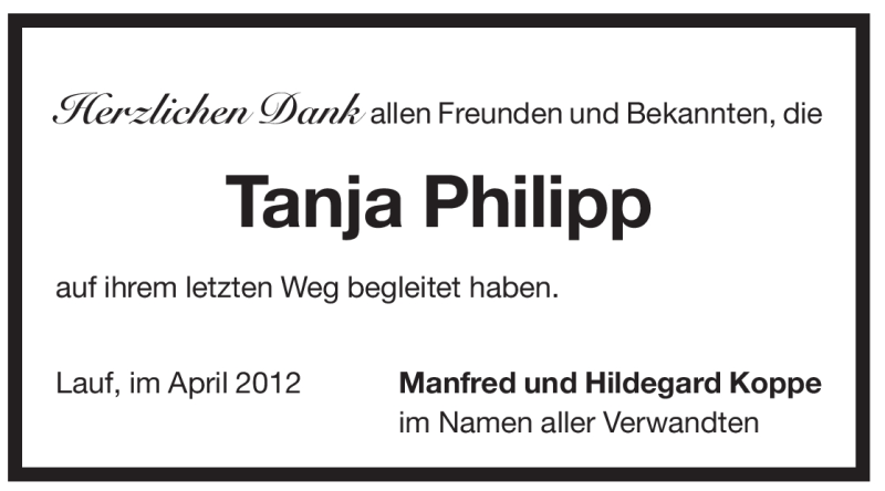  Traueranzeige für Tanja Philipp vom 21.04.2012 aus Pegnitz-Zeitung